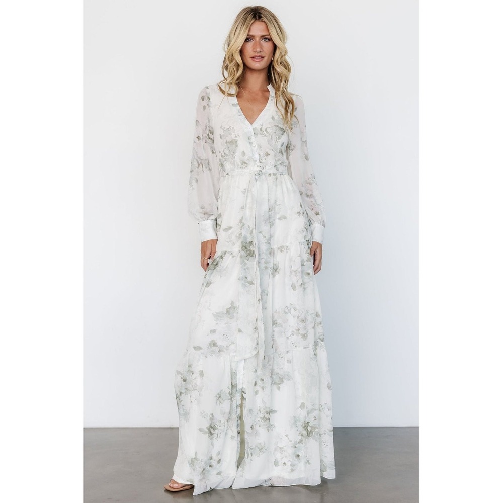 Baltic Born NWOT Lizette Floral Maxi‎ Dress White Dage Print Long Sleeve XS